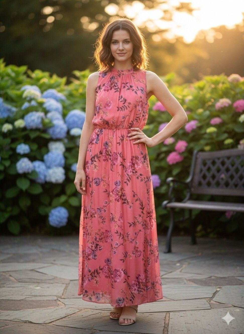 BELLA AMBRA Italy Silk Tropical Hawaiian print SunDress Pink Coral Maxi Dress XL